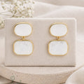 Double Rectangle White Mother of Pearl Drop Earrings - product flat lay view - gold plated anti-tarnish - Shringar Ras