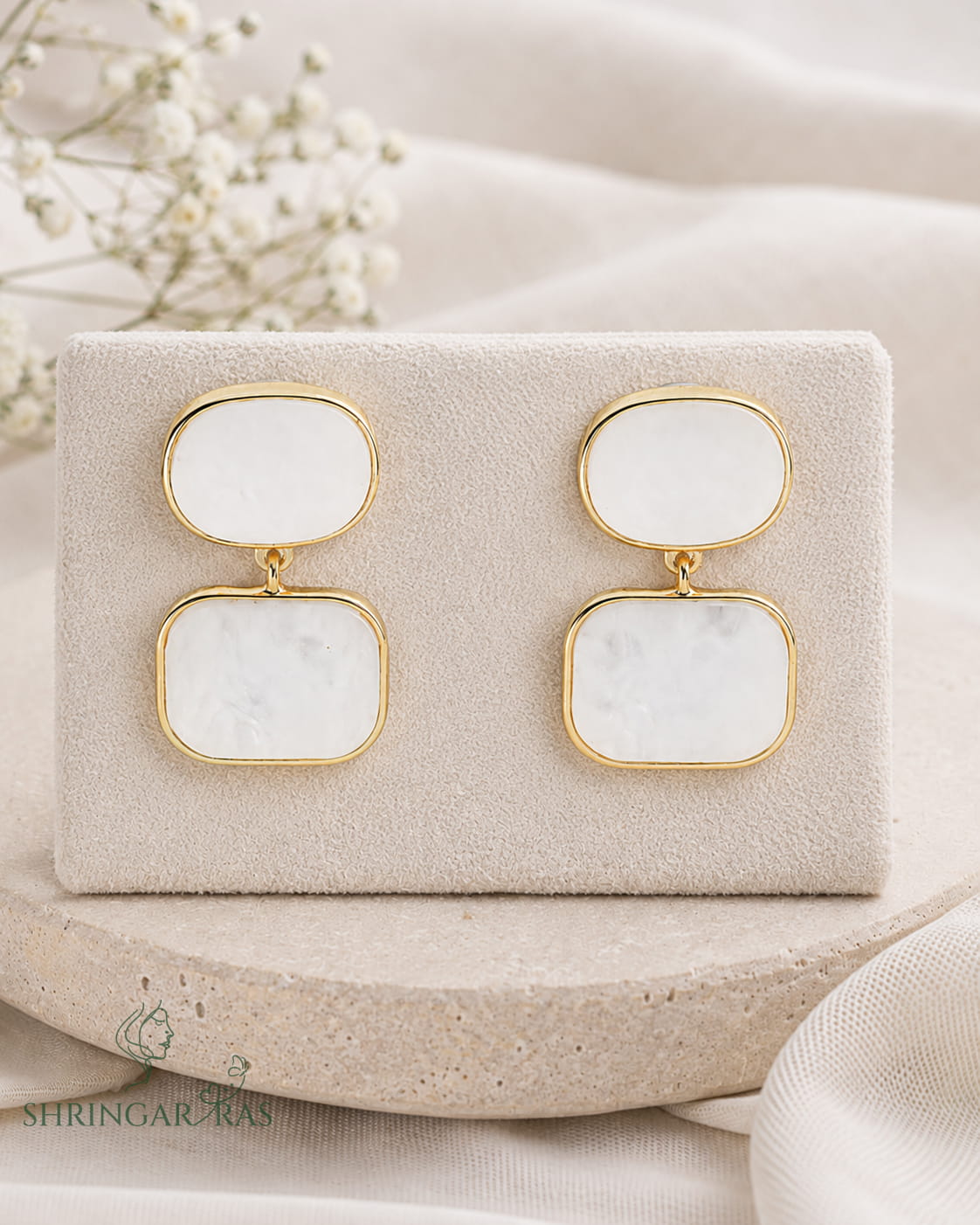 Double Rectangle White Mother of Pearl Drop Earrings - product flat lay view - gold plated anti-tarnish - Shringar Ras