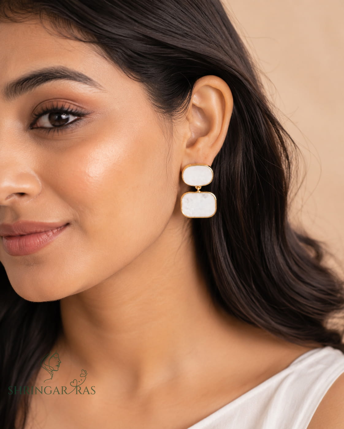Double Rectangle White Mother of Pearl Drop Earrings - worn on model ear - lifestyle view - Shringar Ras