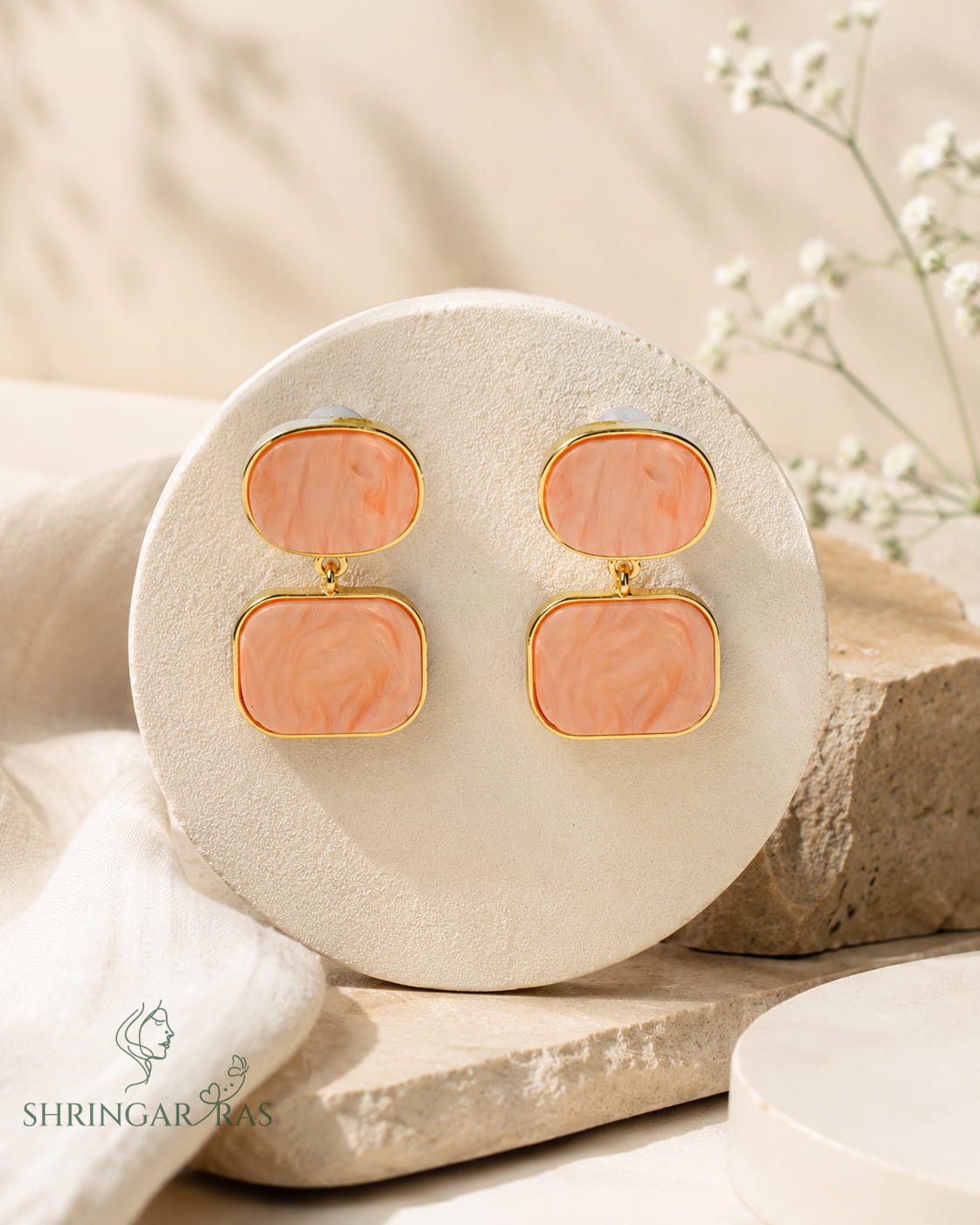 Double Rectangle Peach Marble Drop Earrings