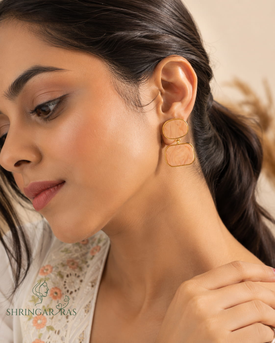 Double Rectangle Peach Marble Drop Earrings