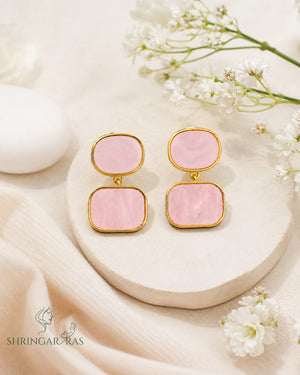 Double Rectangle Pink Marble Drop Earrings