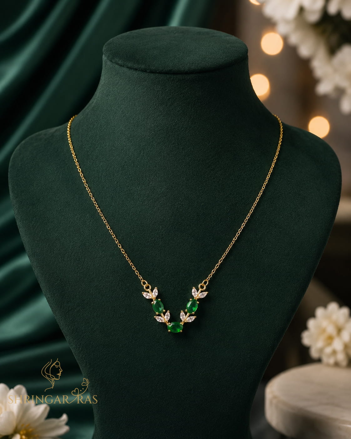 Emerald Green Oval Crystal Leaf Pendant Necklace