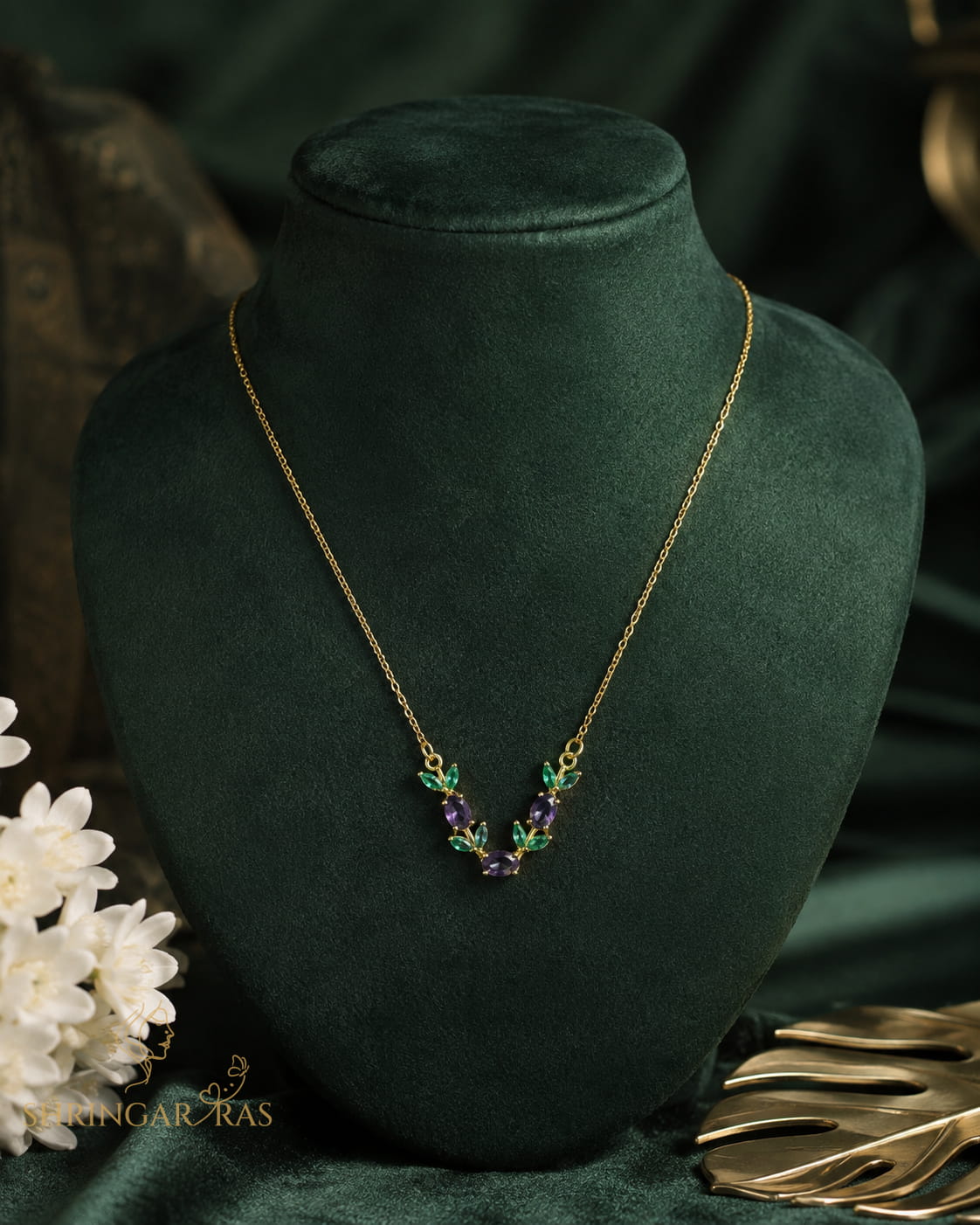 Purple Amethyst Oval Crystal Leaf Pendant Necklace