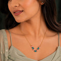 Teal Blue Oval Pink Crystal Leaf Pendant Necklace