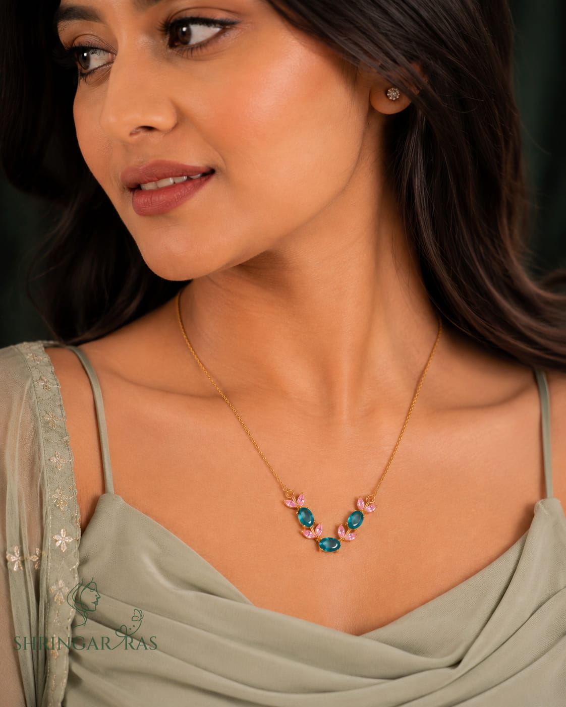 Teal Blue Oval Pink Crystal Leaf Pendant Necklace
