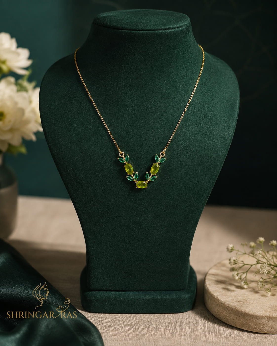 Olive Green Oval Dark Leaf Crystal Pendant Necklace