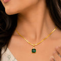 Emerald Green Cushion Cut Pendant Herringbone Chain Necklace