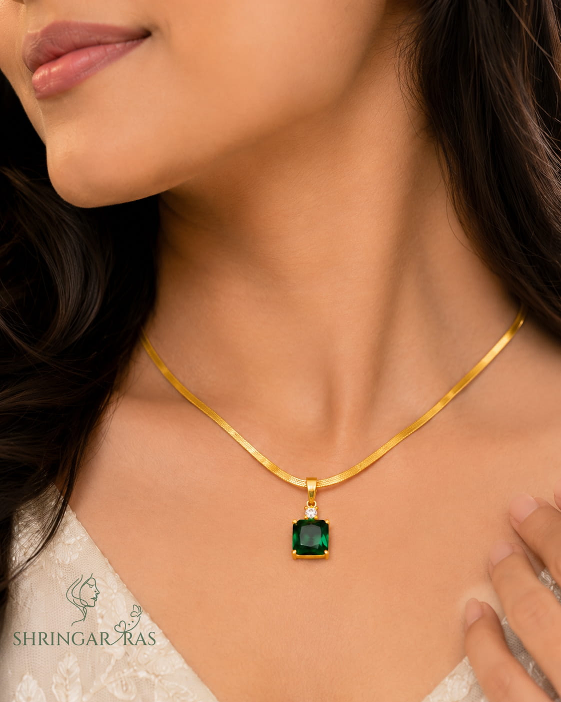 Emerald Green Cushion Cut Pendant Herringbone Chain Necklace