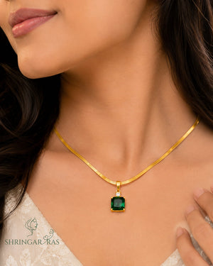 Emerald Green Cushion Cut Pendant Herringbone Chain Necklace
