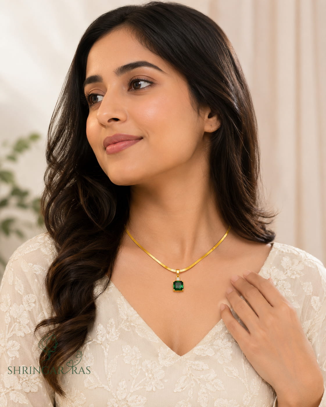 Emerald Green Cushion Cut Pendant Herringbone Chain Necklace