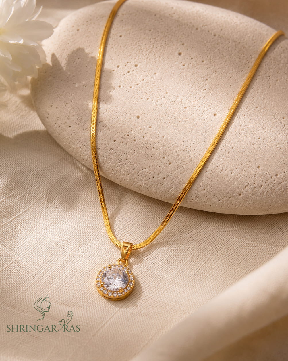 Round CZ Halo Diamond Pendant Herringbone Chain Necklace