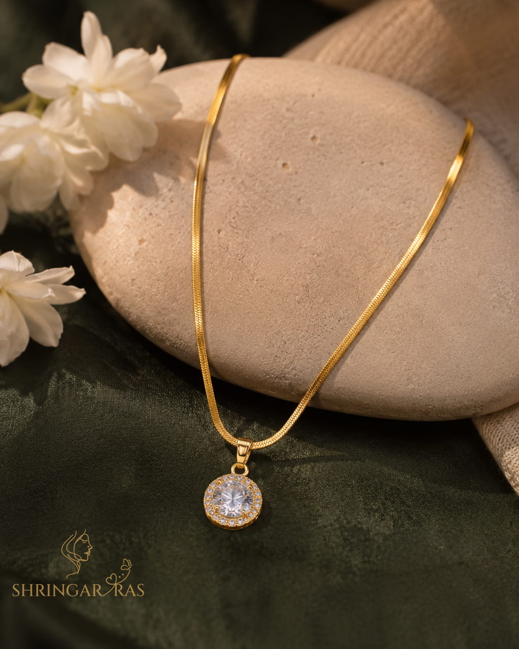 Round CZ Halo Diamond Pendant Herringbone Chain Necklace