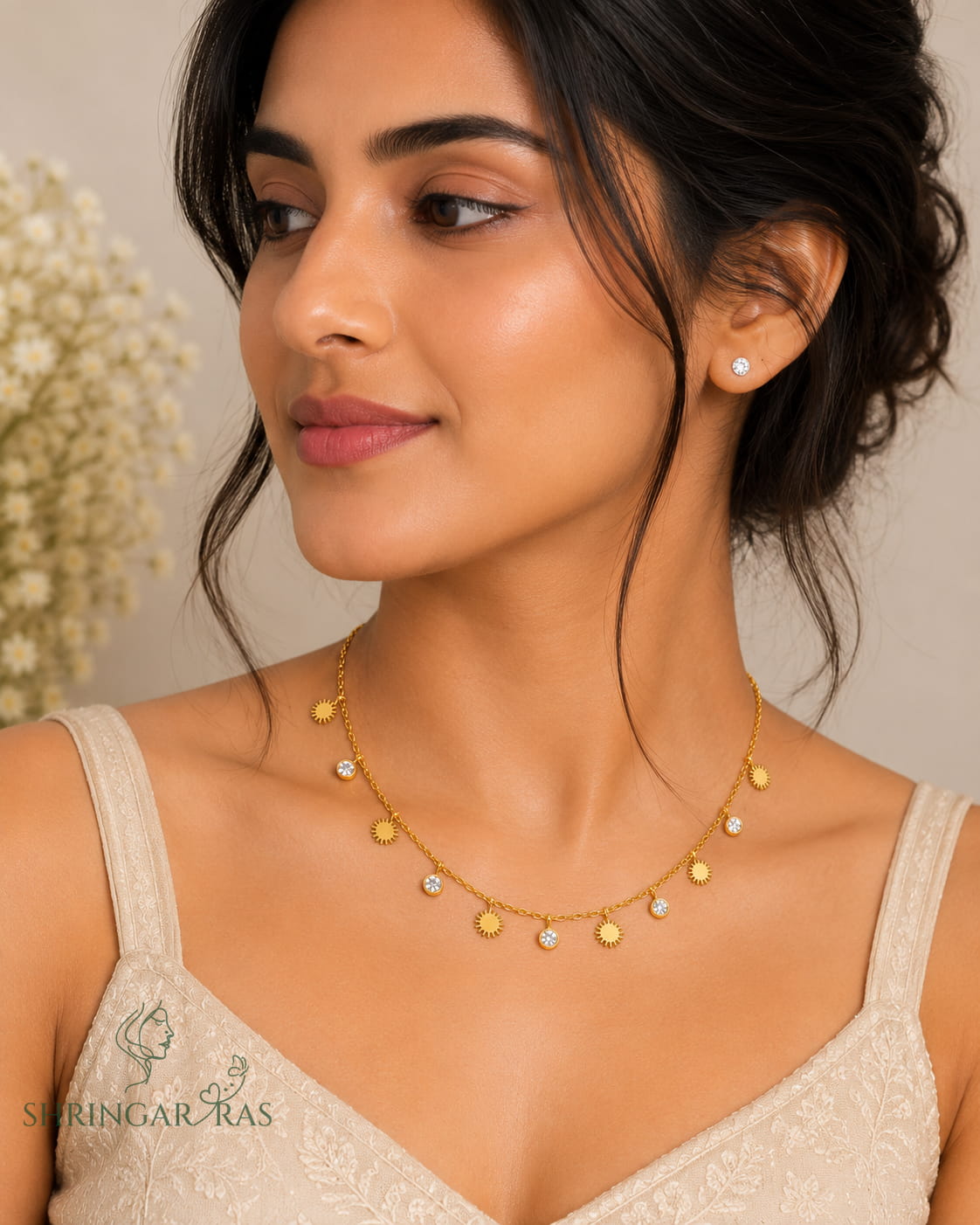 Sun Charm CZ Drop Choker Chain Necklace