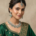 Emerald Green Stone AD Diamond Necklace Set With Mangtika