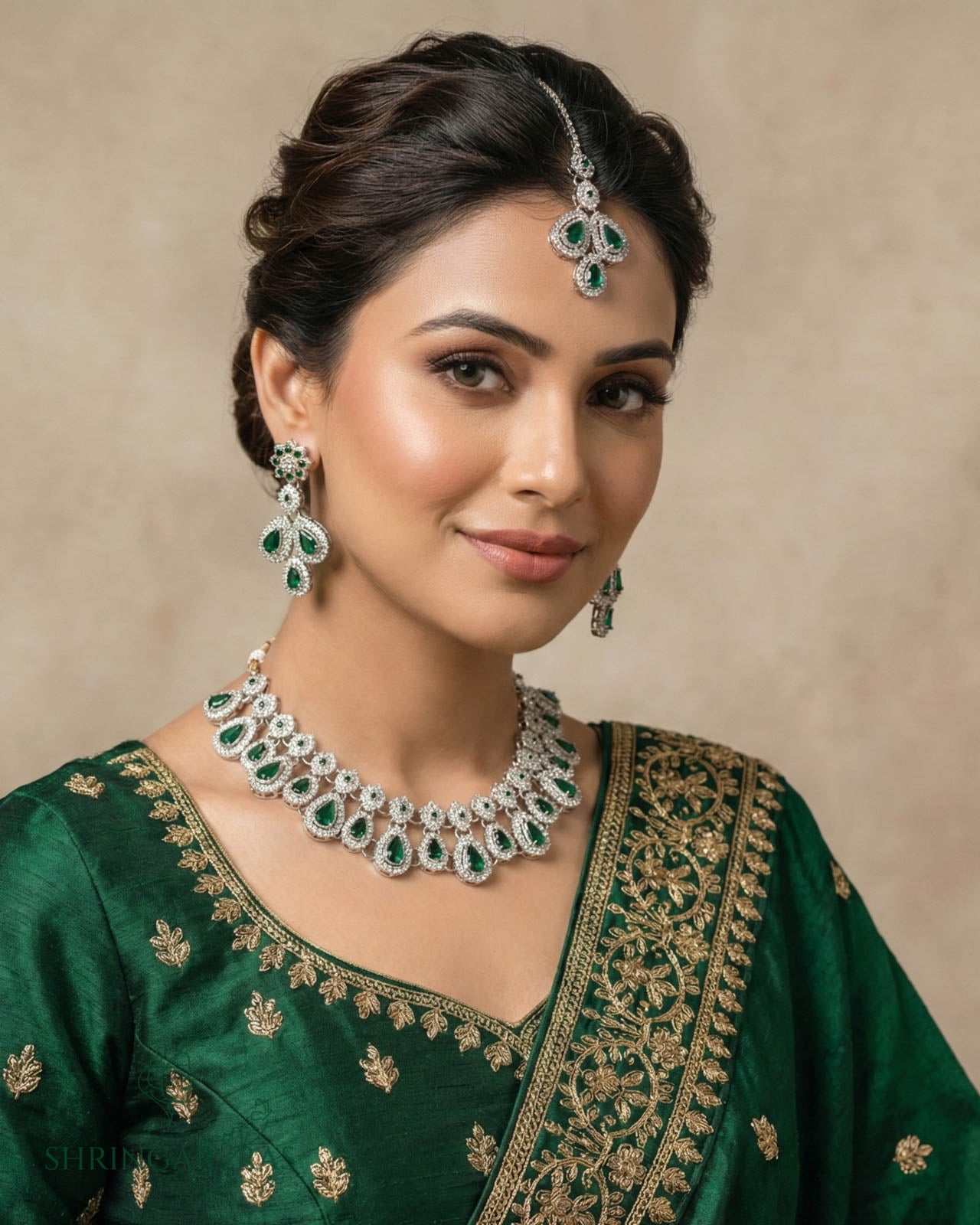 Emerald Green Stone AD Diamond Necklace Set With Mangtika