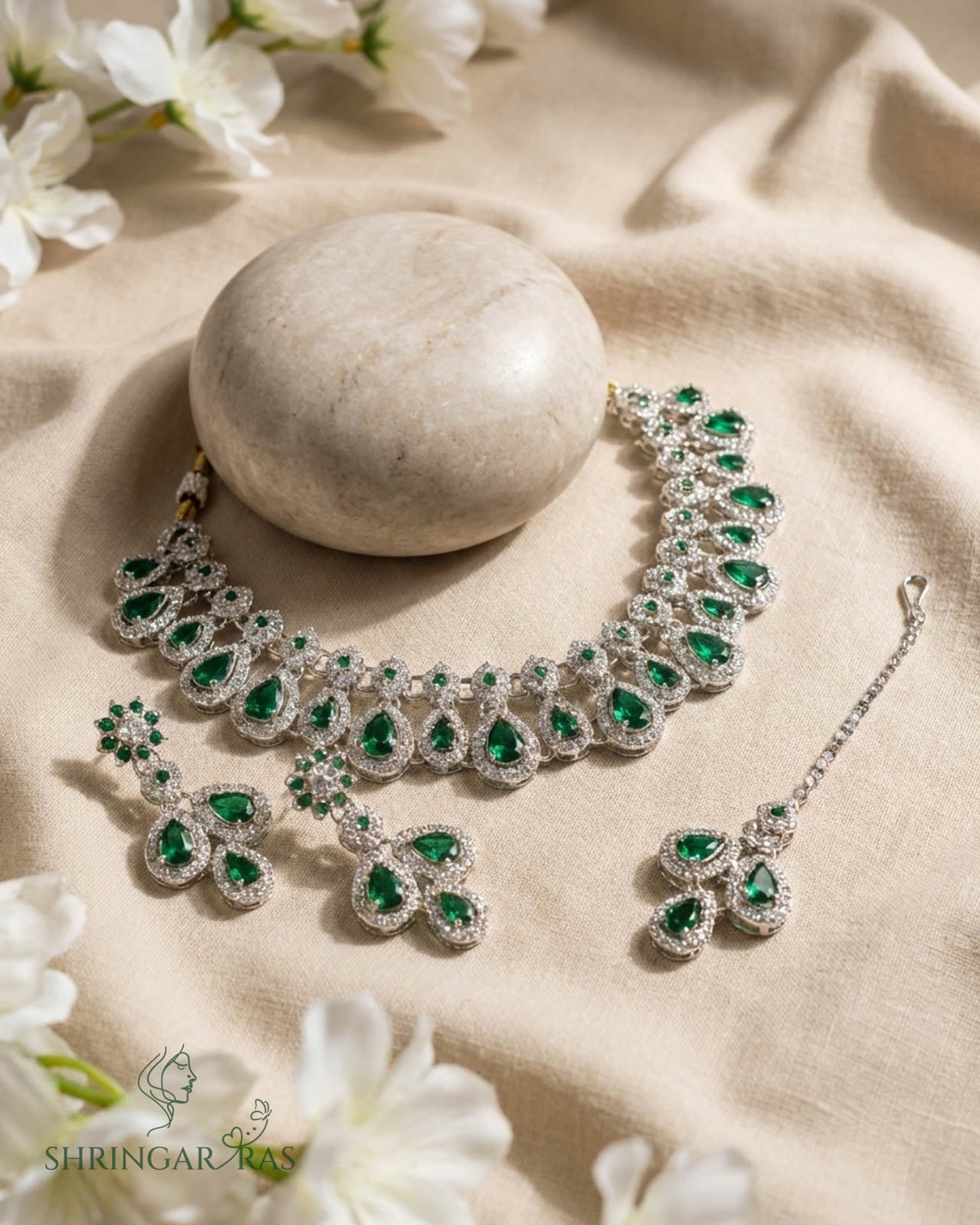 Emerald Green Stone AD Diamond Necklace Set With Mangtika