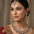 Emerald Red Stone AD Diamond Necklace Set With Mangtika