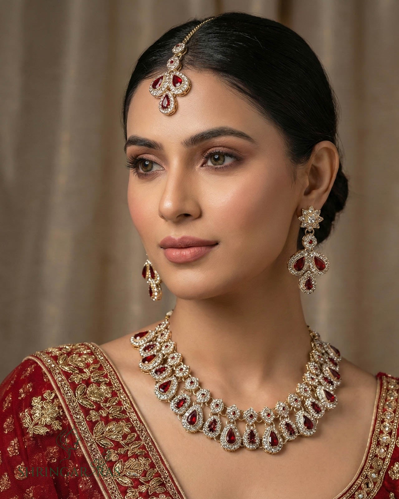 Emerald Red Stone AD Diamond Necklace Set With Mangtika