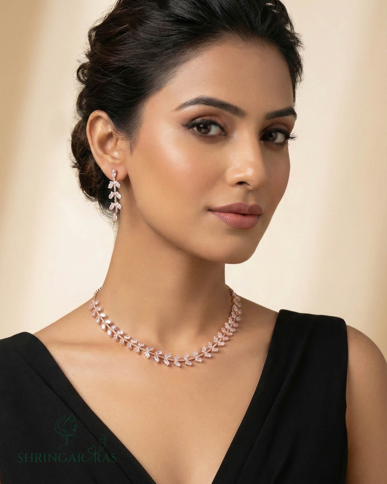 Crystal Leaflet Brass Rose Gold Necklace Set
