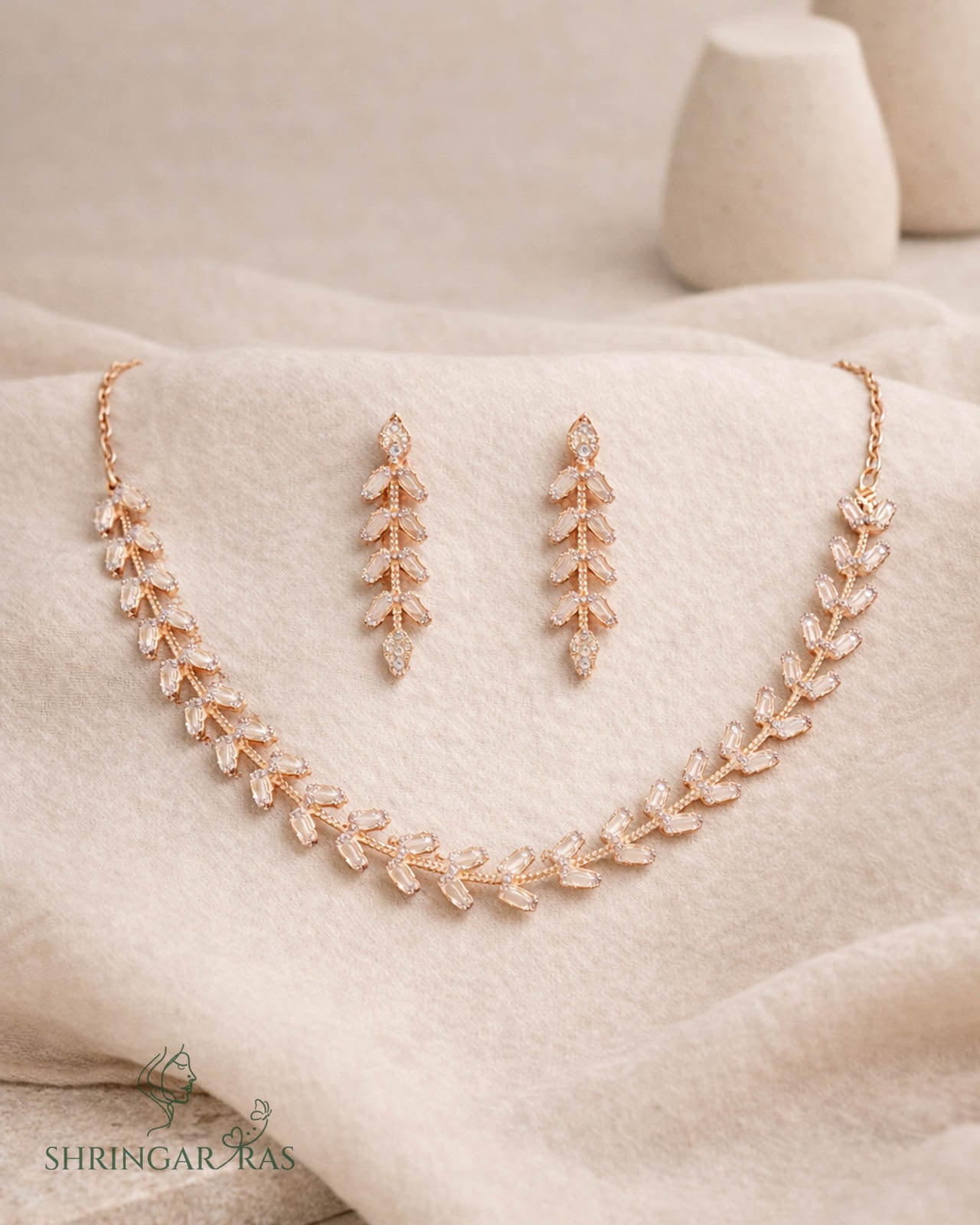 Crystal Leaflet Brass Rose Gold Necklace Set