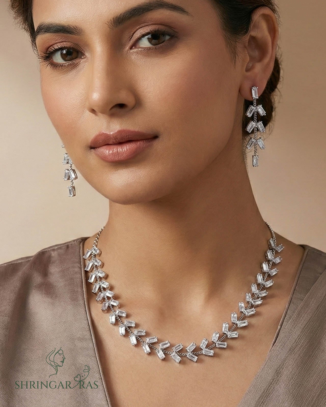 Crystal Leaflet Brass Rhodium Plated Necklace Set