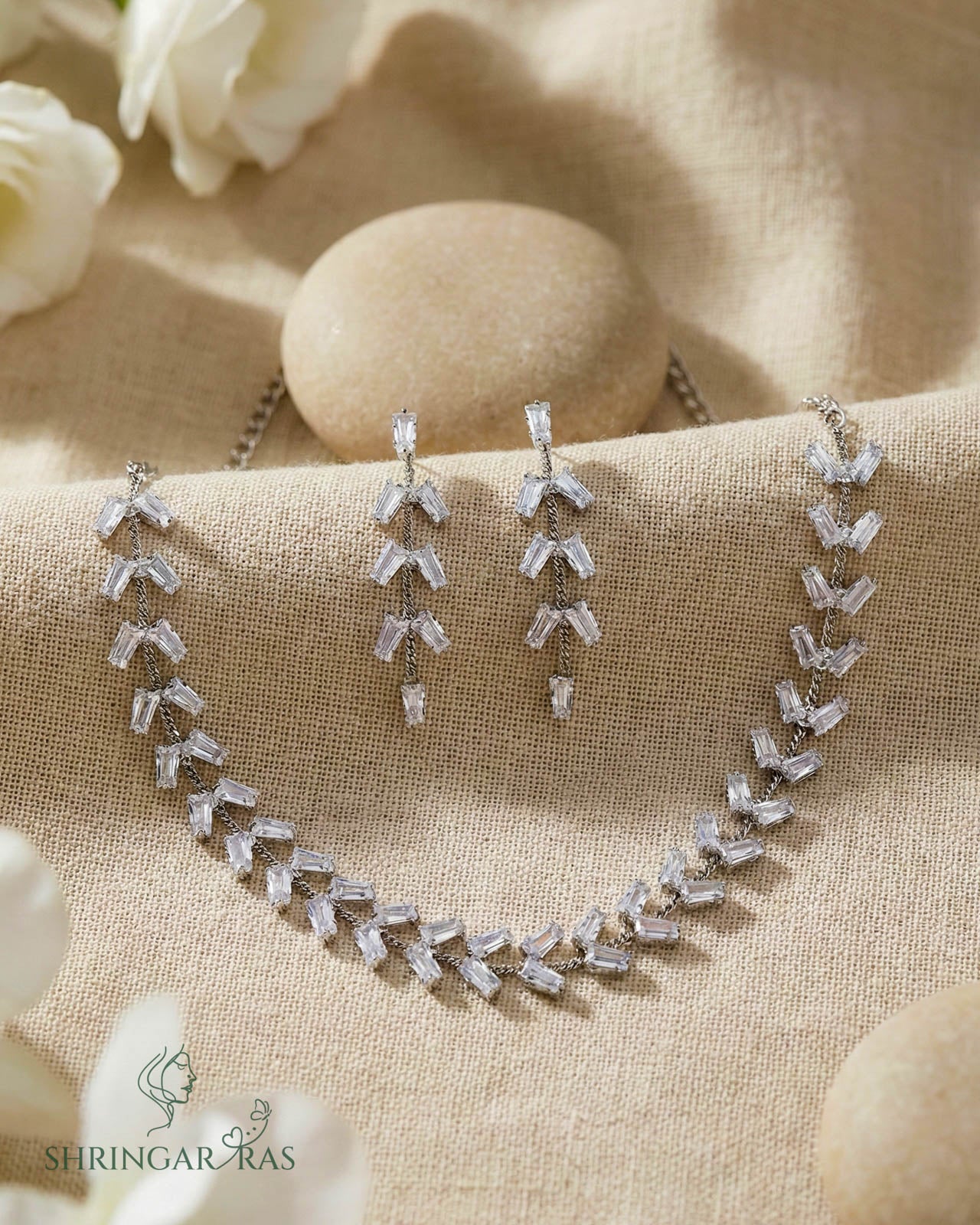 Crystal Leaflet Brass Rhodium Plated Necklace Set