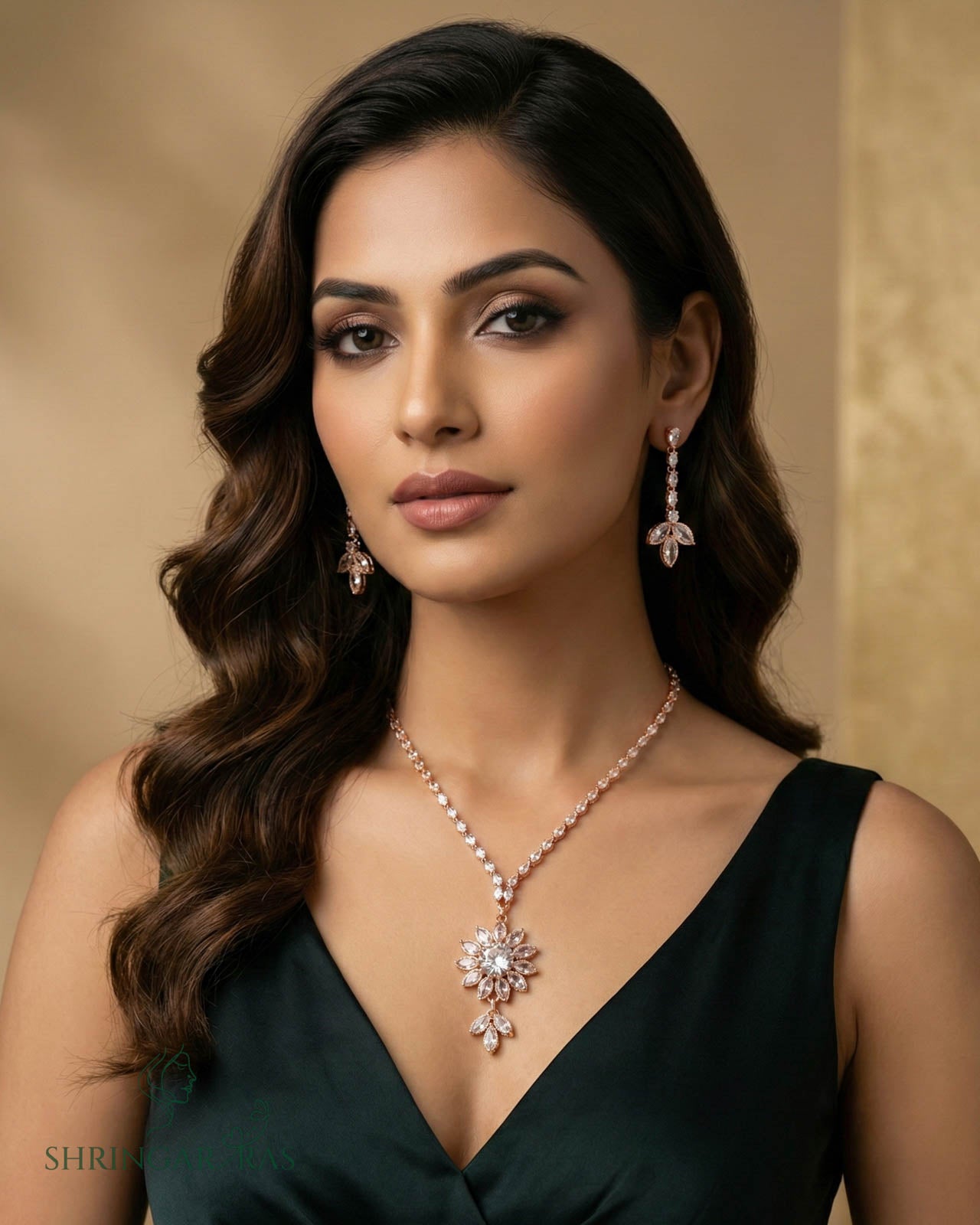 Twinkling Flower Rose Gold Studded Necklace Pendant Set