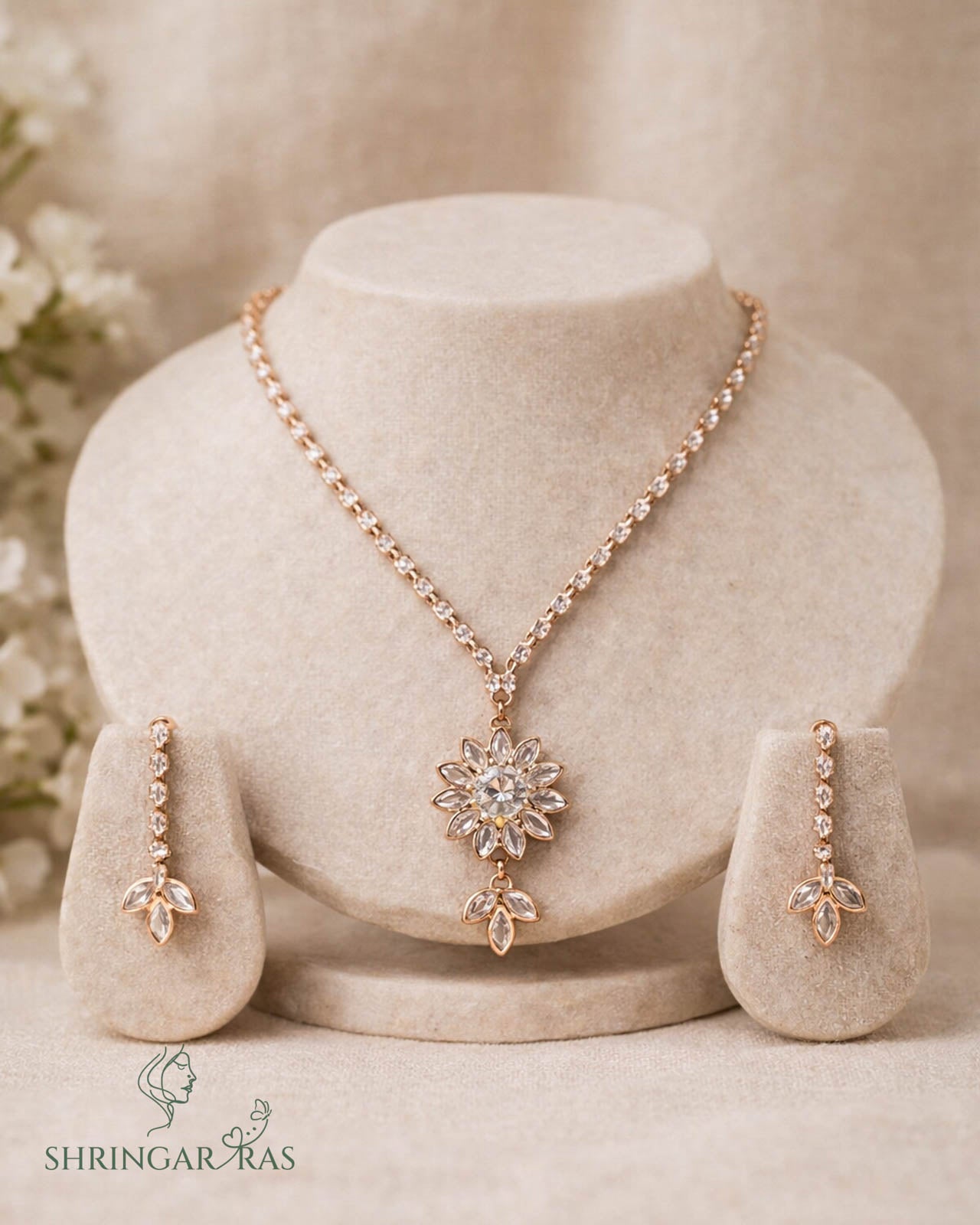 Twinkling Flower Rose Gold Studded Necklace Pendant Set