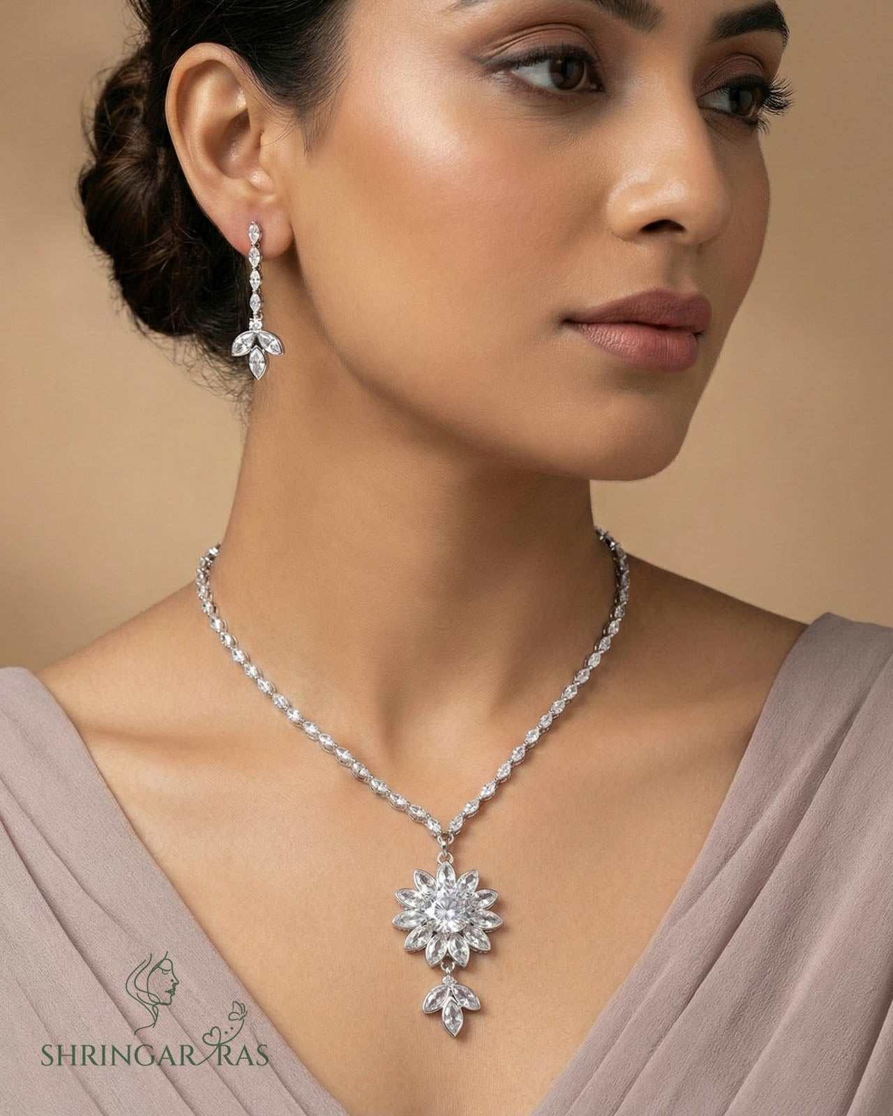 Twinkling Flower Rhodium Plated Studded Necklace Pendant Set