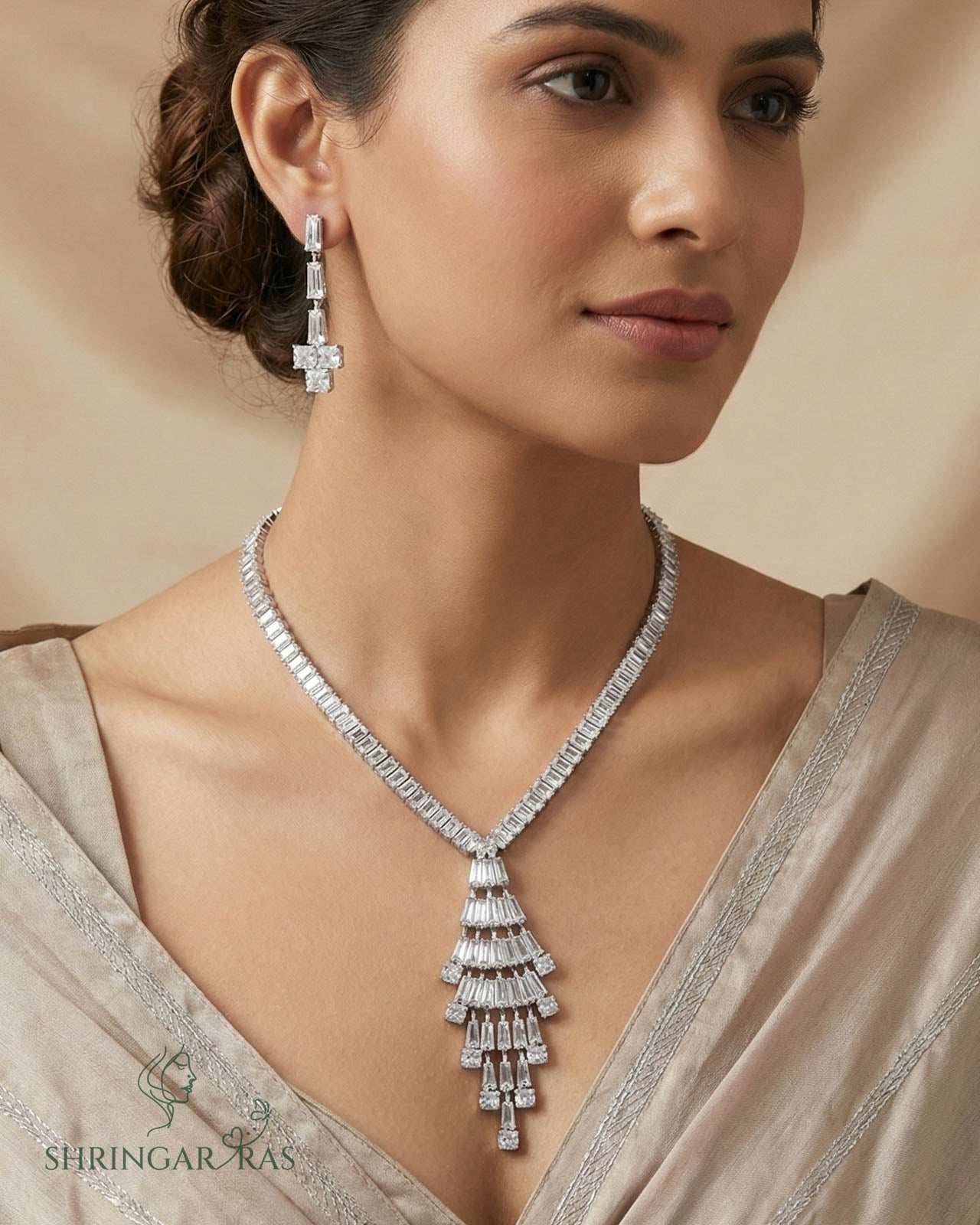 Elegant Cascade Rhodium Plated Necklace Set