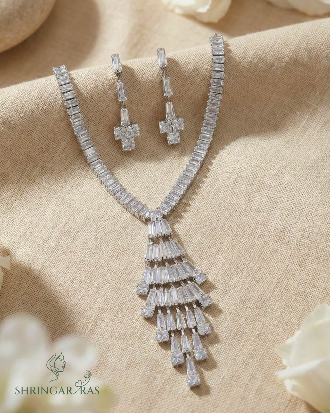 Elegant Cascade Rhodium Plated Necklace Set