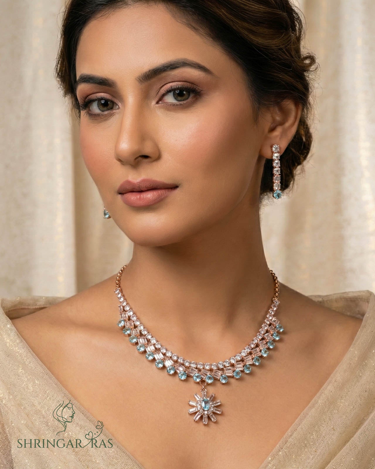 Blue Starburst Rose Gold Necklace Set