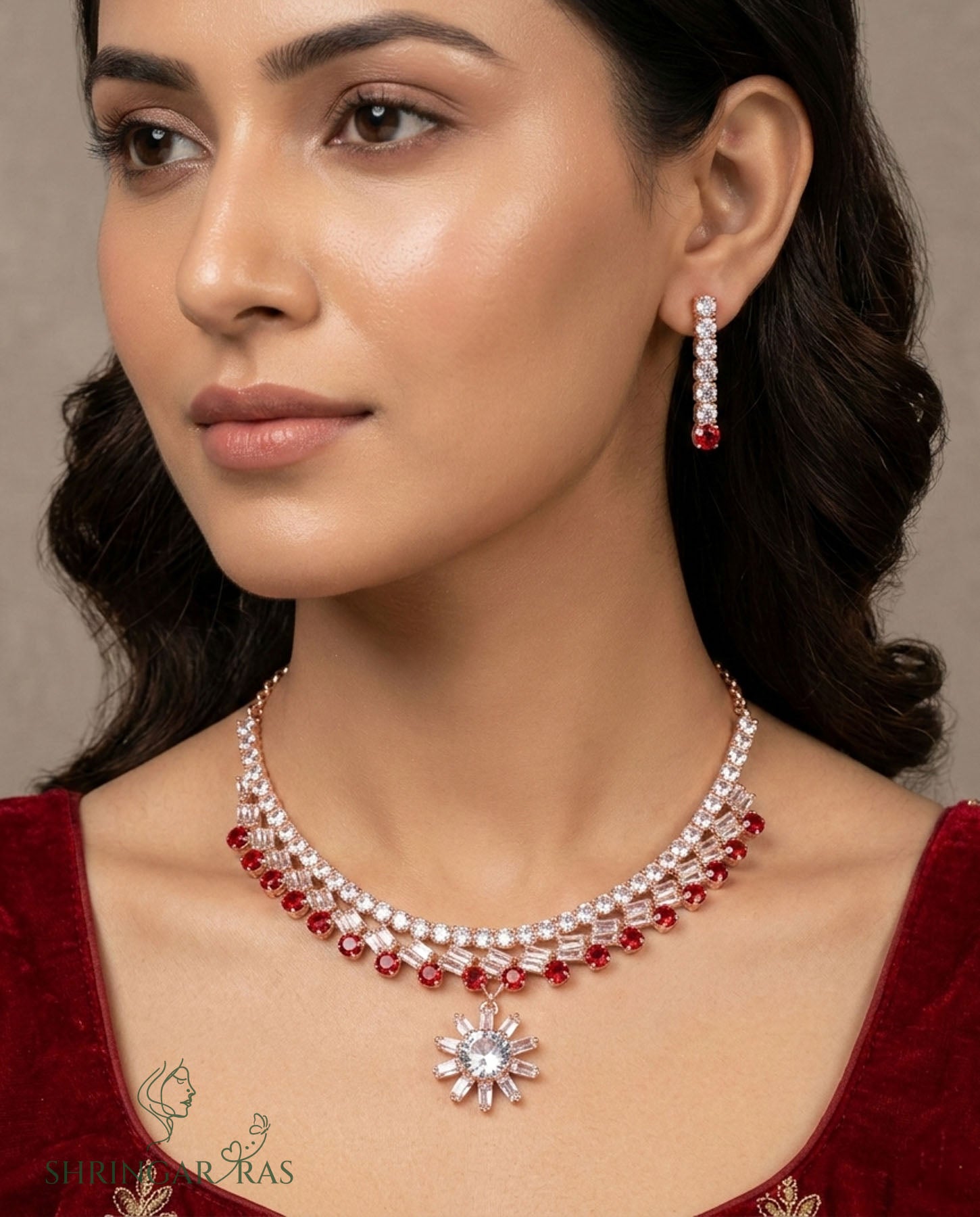 Red Starburst Rose Gold Necklace Set