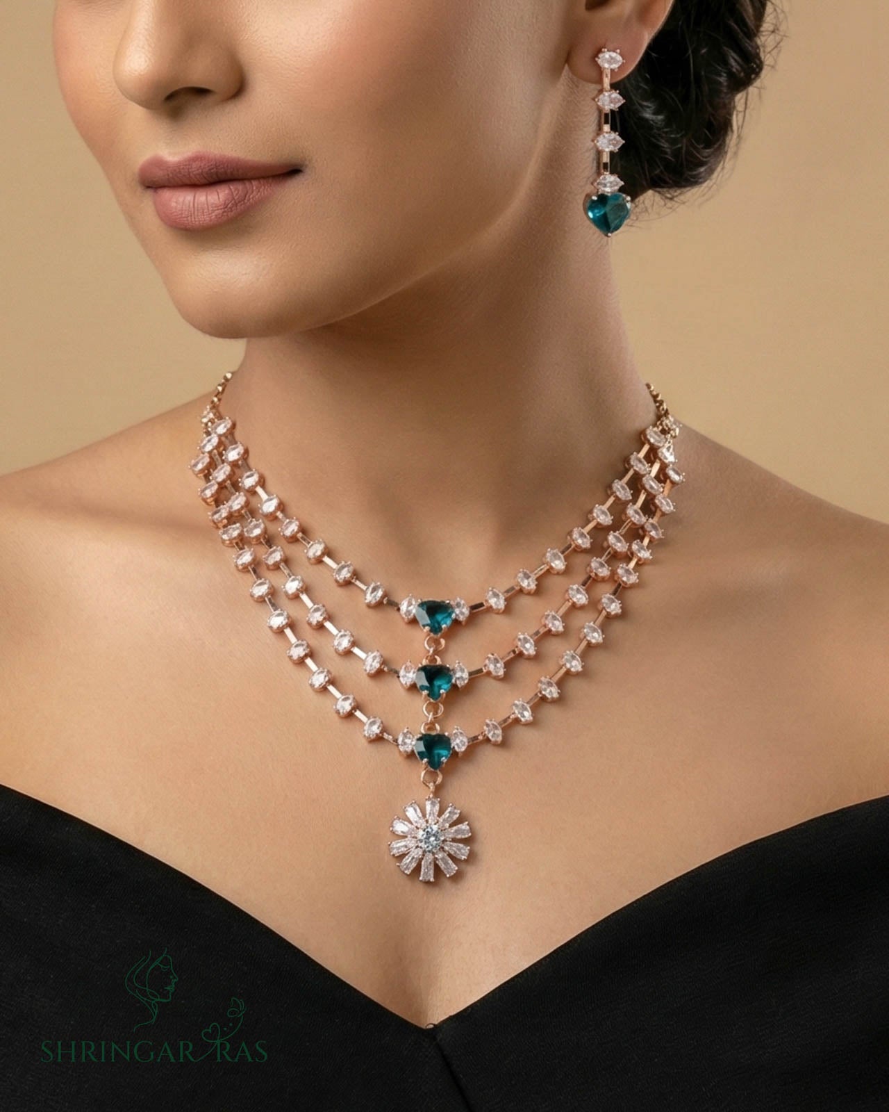 Aqua Radiance 3 Layer Rhodium Necklace Set