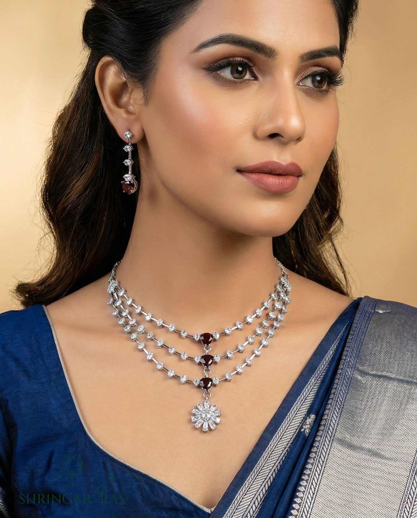 Wine Radiance 3 Layer Rhodium Necklace Set