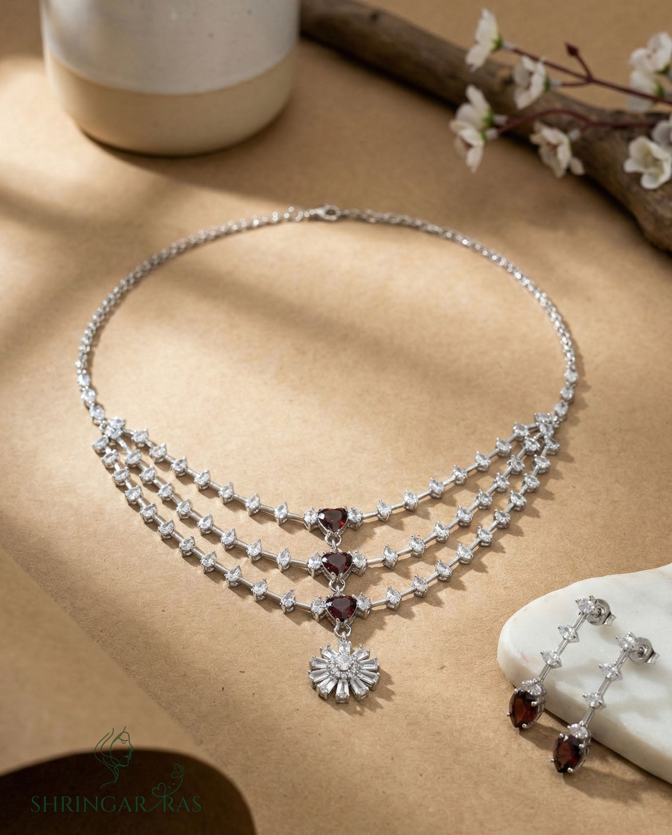 Wine Radiance 3 Layer Rhodium Necklace Set