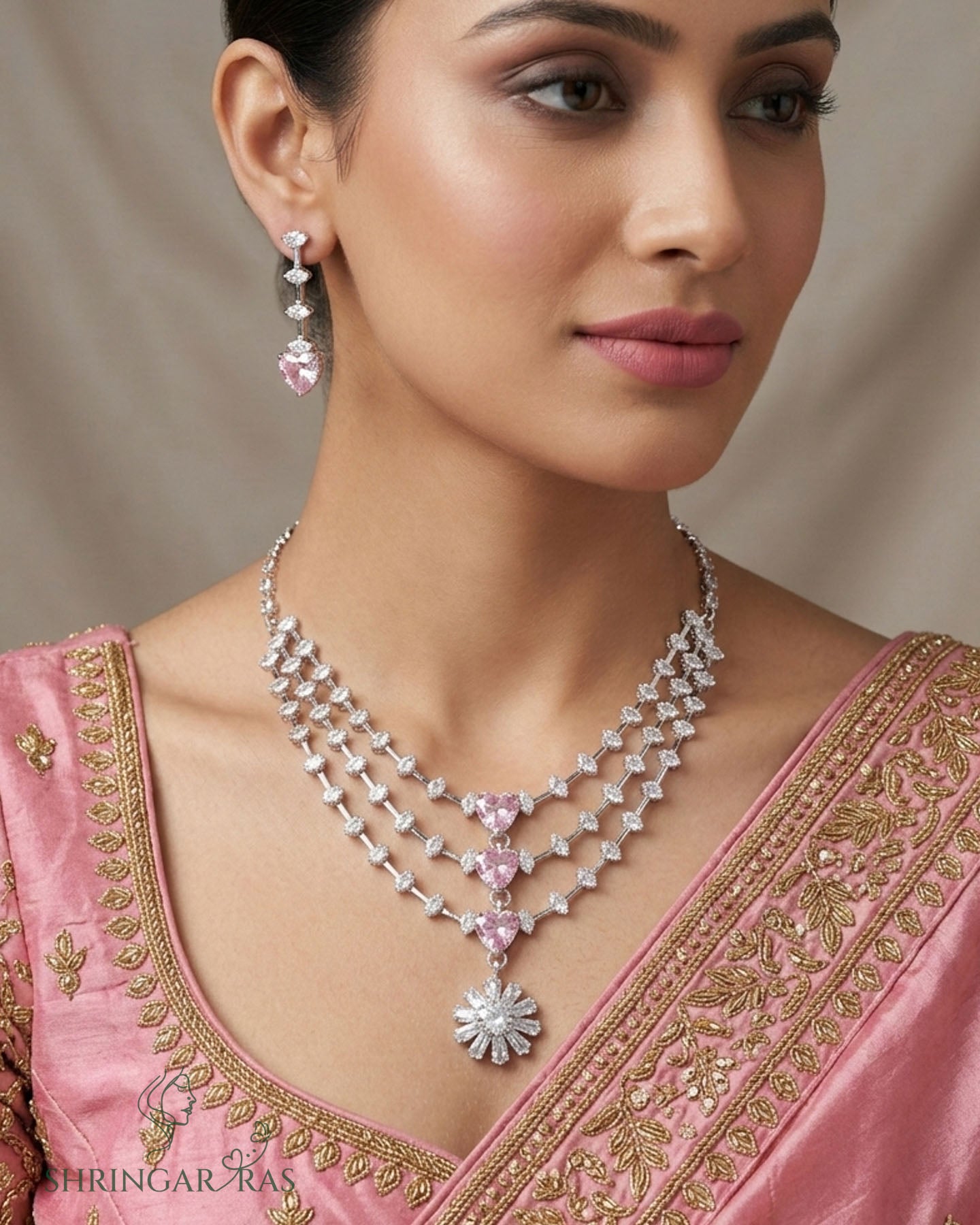 Pink Radiance 3 Layer Rhodium Necklace Set