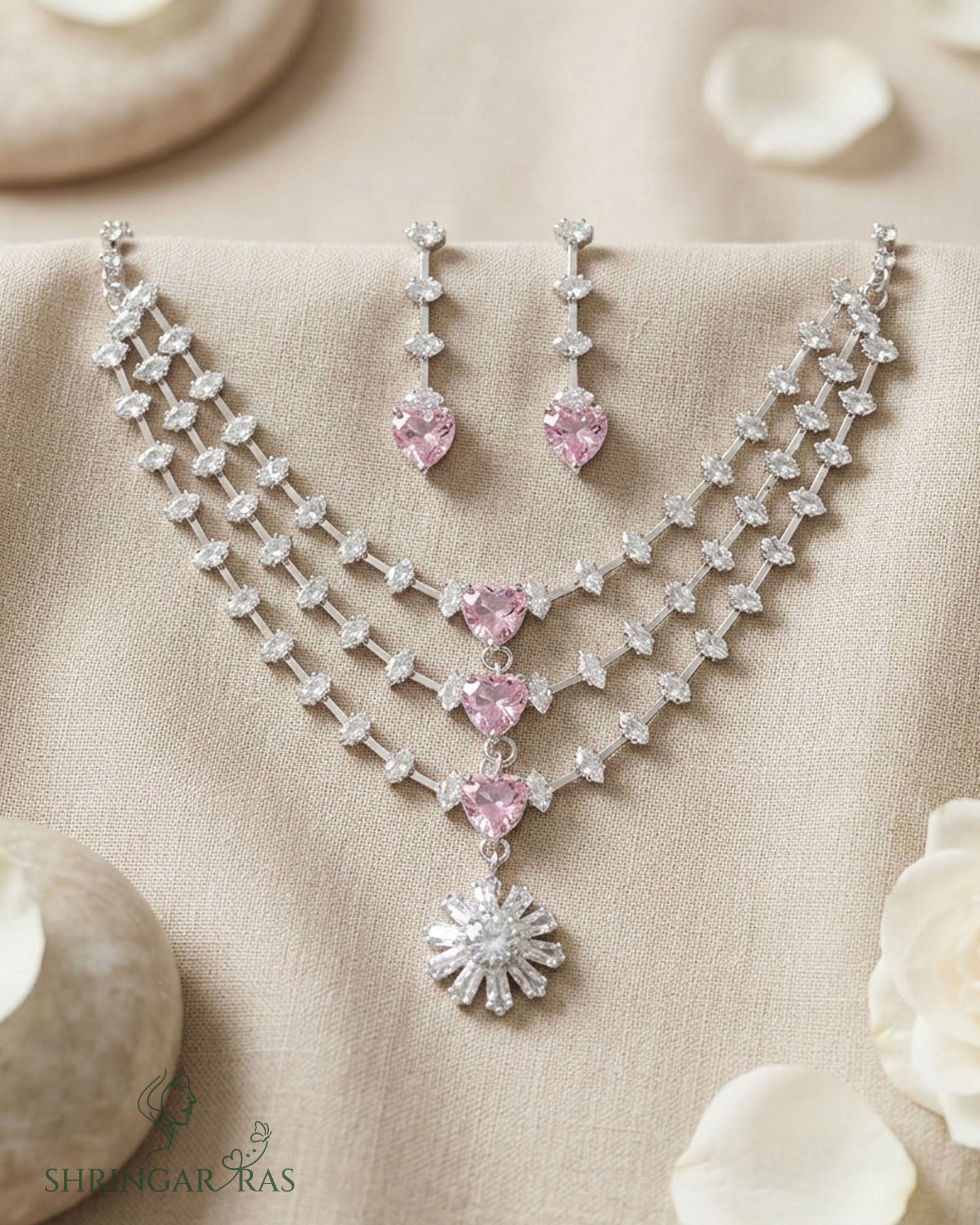 Pink Radiance 3 Layer Rhodium Necklace Set