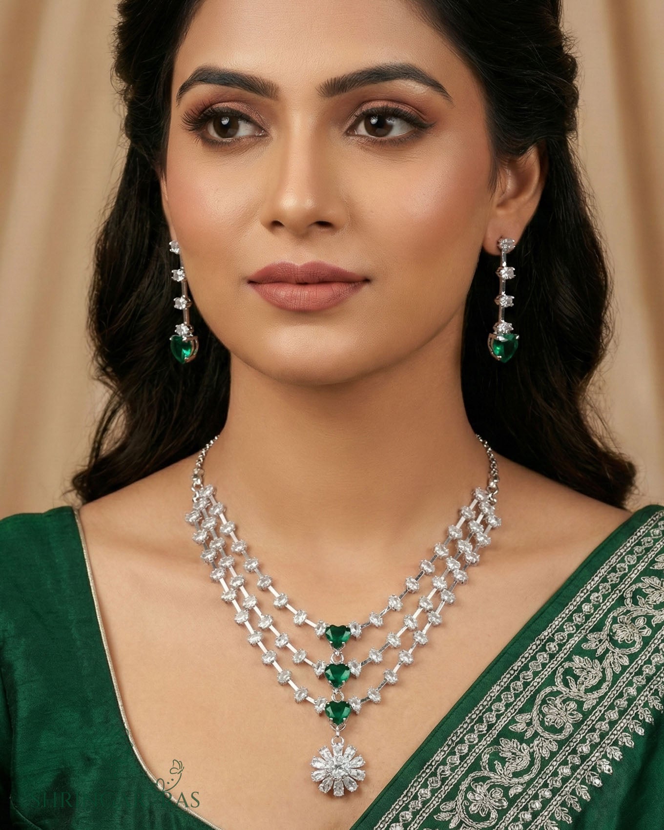 Green Radiance 3 Layer Rhodium Necklace Set