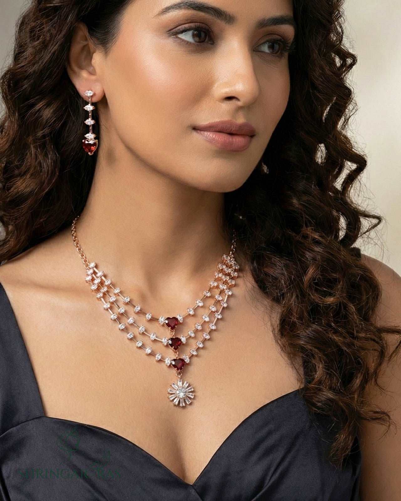 Red Radiance 3 Layer Rose Gold Necklace Set