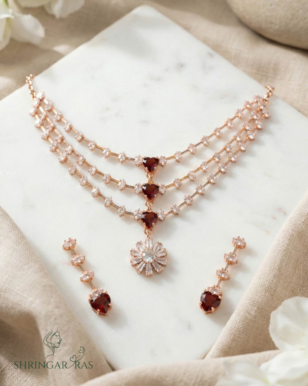 Red Radiance 3 Layer Rose Gold Necklace Set