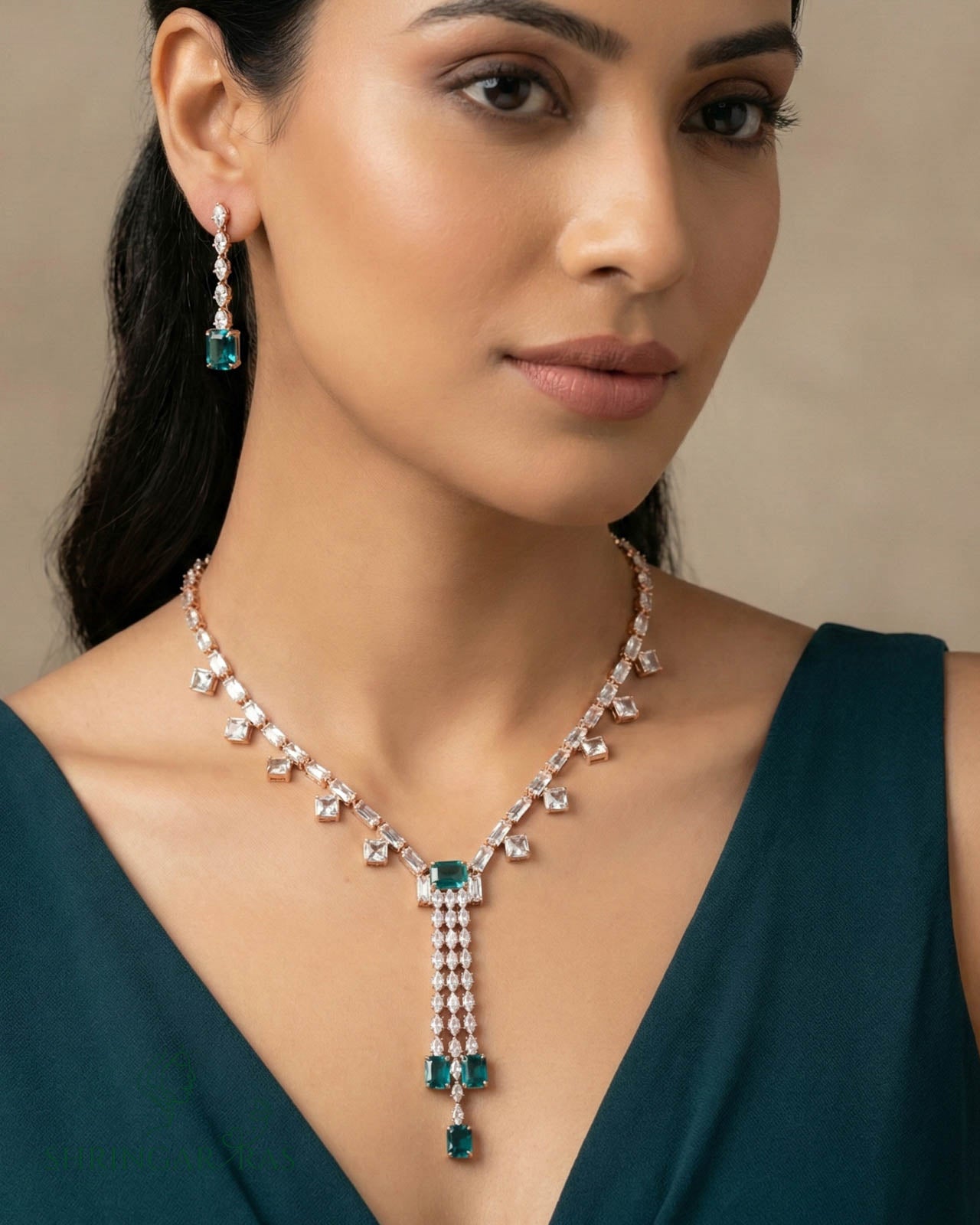 Emerald Blue Elegance Rose Gold Necklace Set