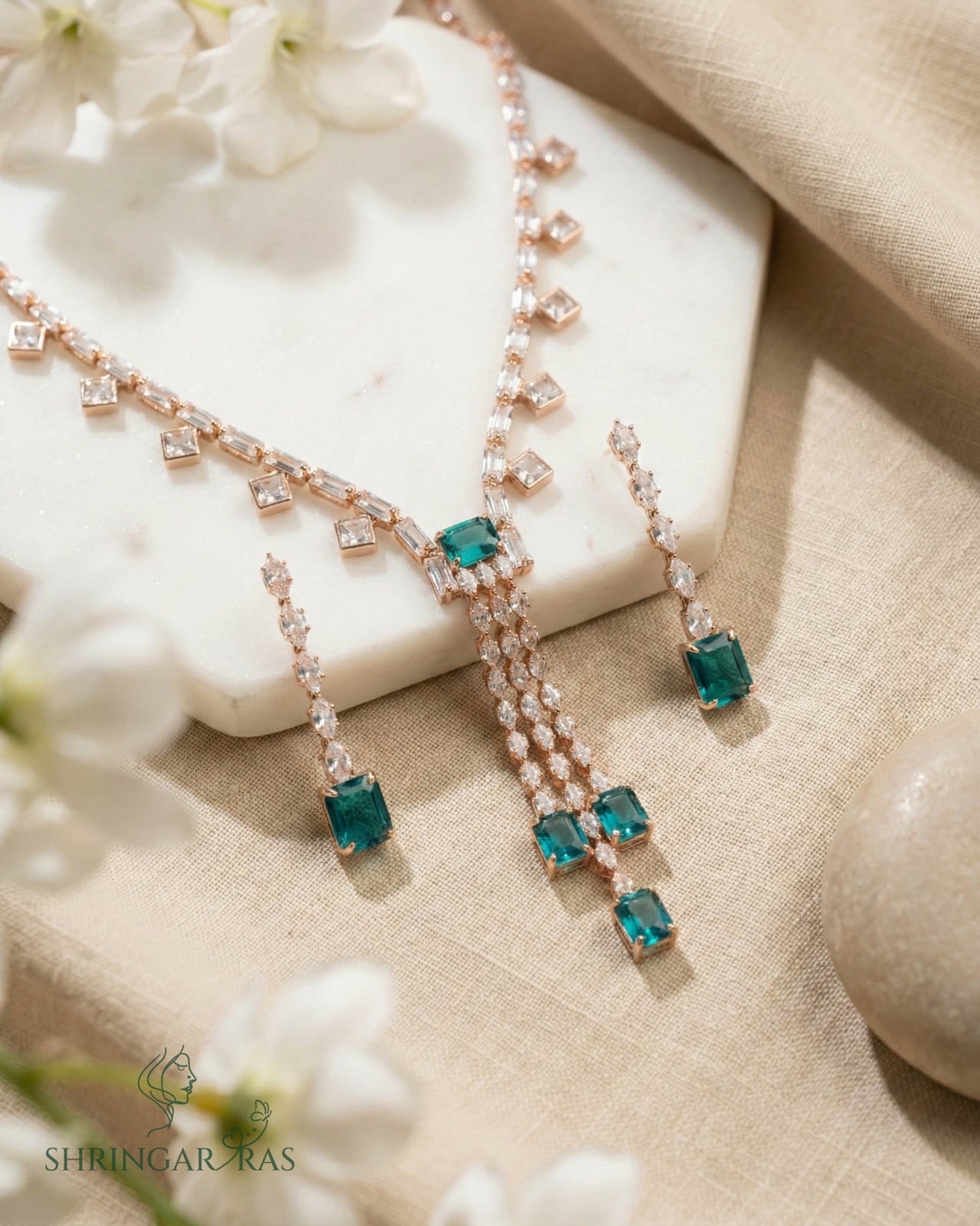 Emerald Blue Elegance Rose Gold Necklace Set