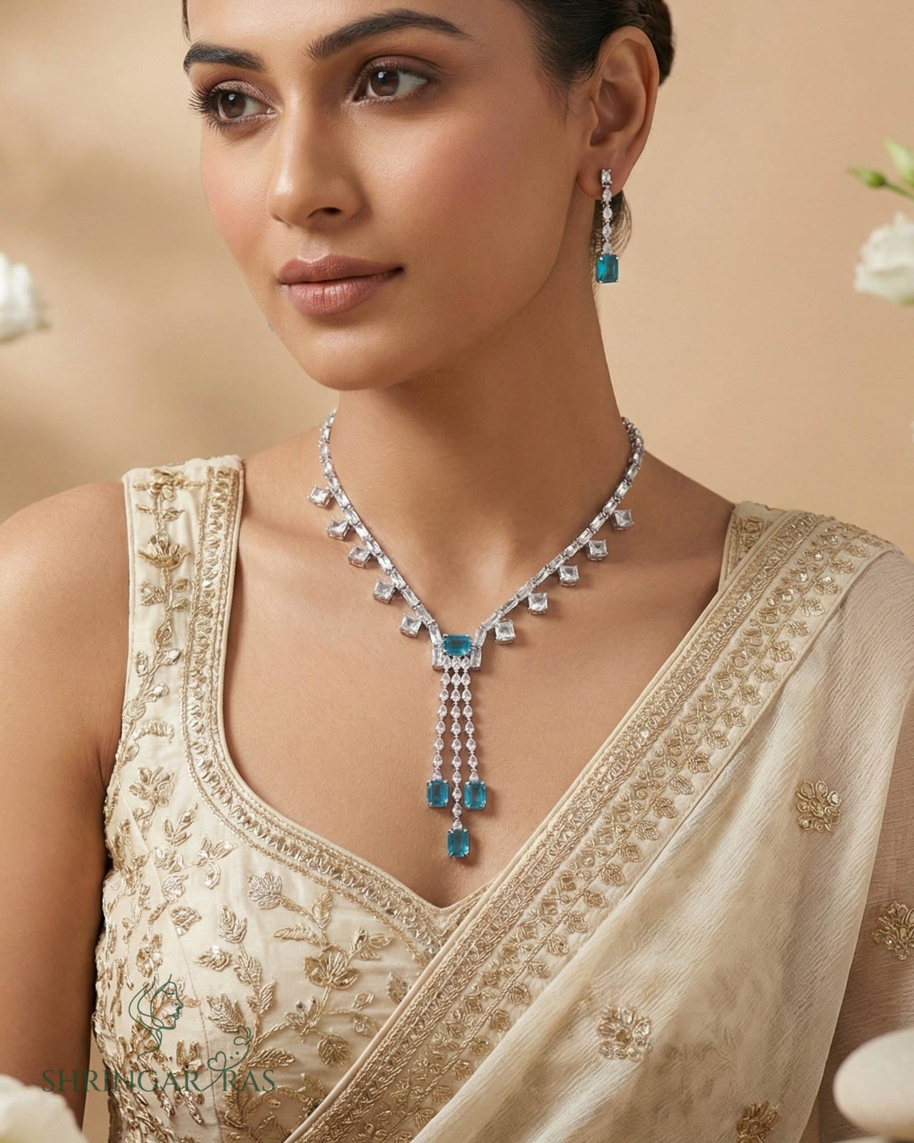 Emerald Blue Elegance Rhodium Plated Necklace Set