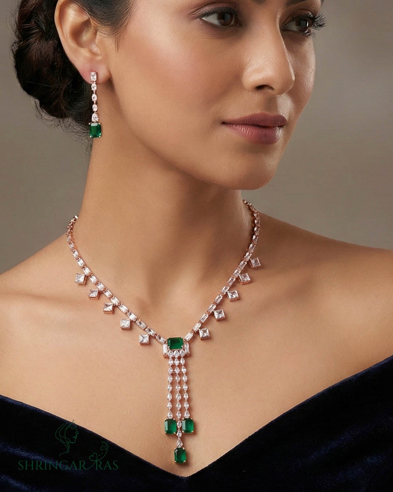 Emerald Green Elegance Rose Gold Necklace Set