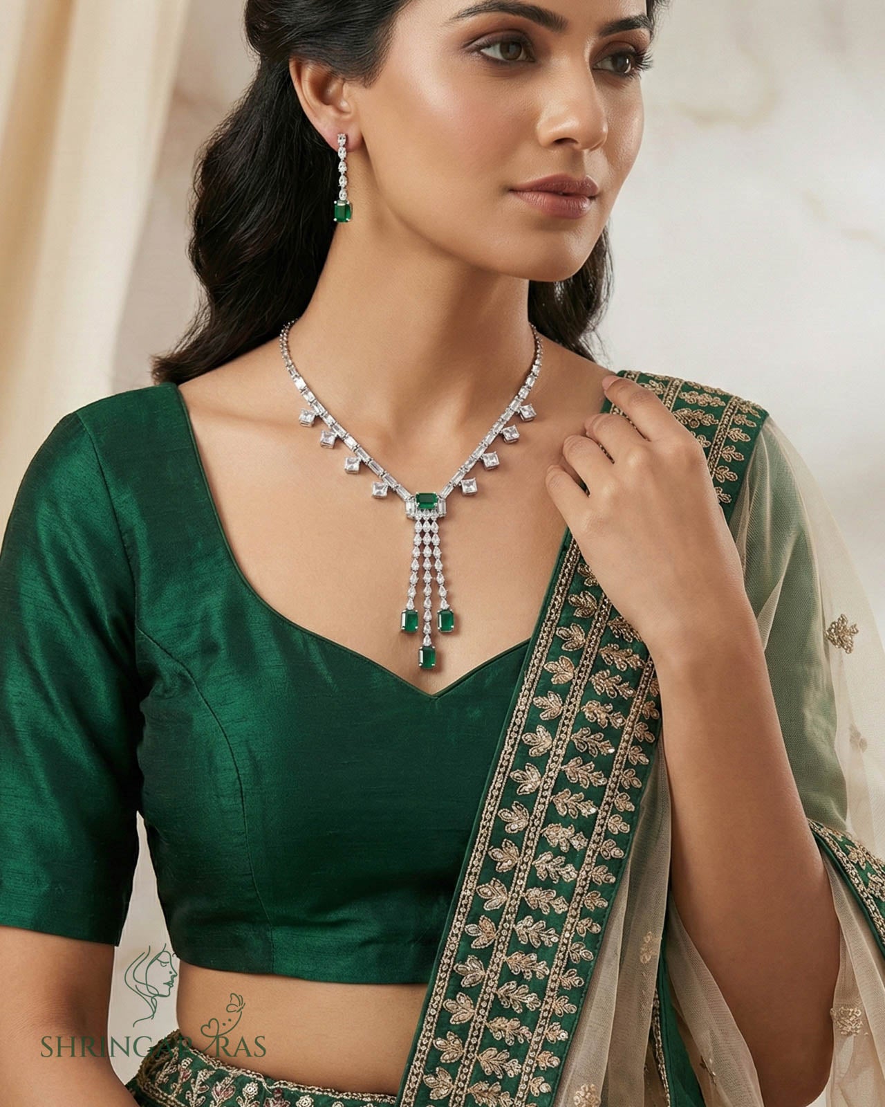 Emerald Green Elegance Rhodium Plated Necklace Set