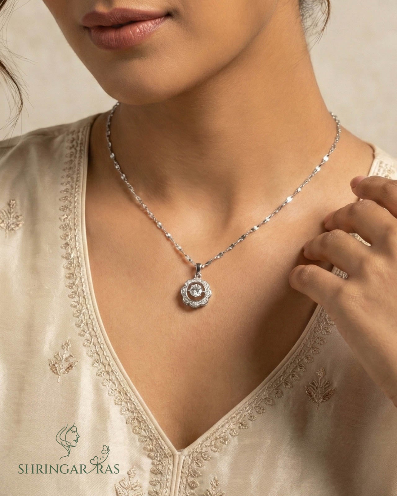 Flower with Dancing Diamond Silver Charm Anti Tarnish Necklace
