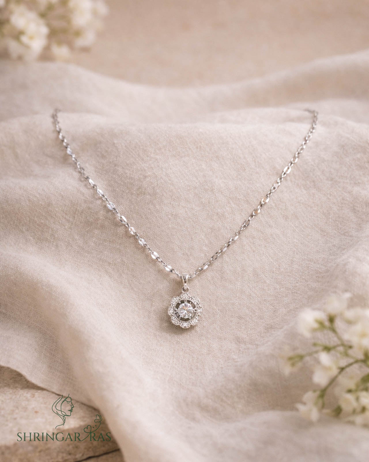 Flower with Dancing Diamond Silver Charm Anti Tarnish Necklace