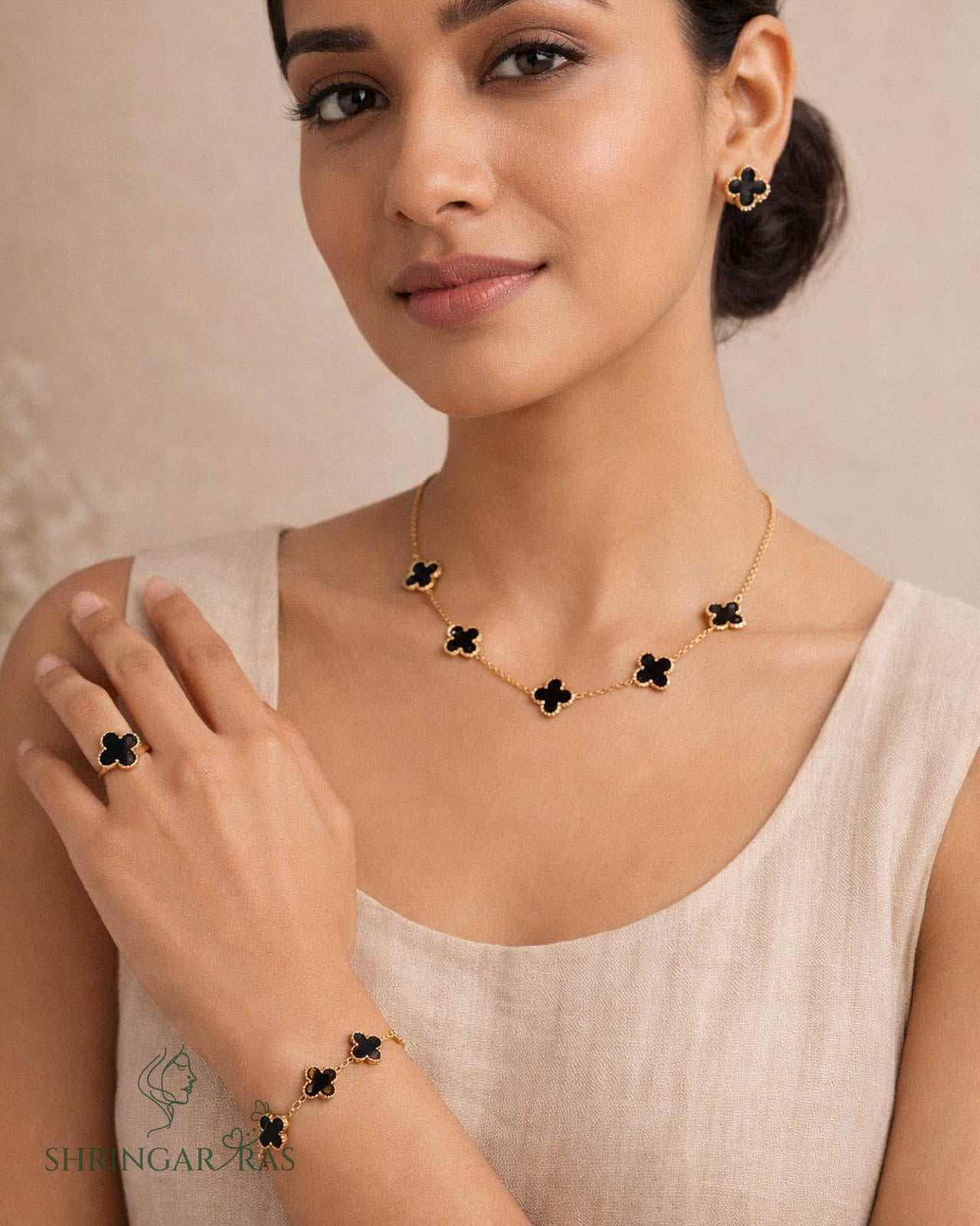 Black Flower Anti Tarnish Necklace Set with Rings